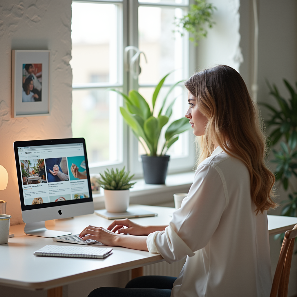 A woman sitting at a desk by a window working on a computer