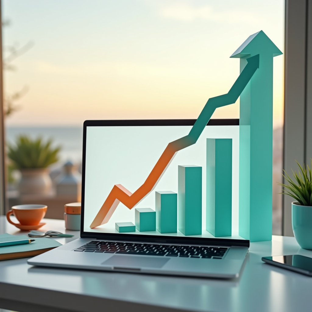 An animated arrow moving upward on a bar chart shown on a laptop that is situated on a desk in front of a window overlooking the sunrise An animated arrow moving upward on a bar chart shown on a laptop that is situated on a desk in front of a window overlooking the sunrise