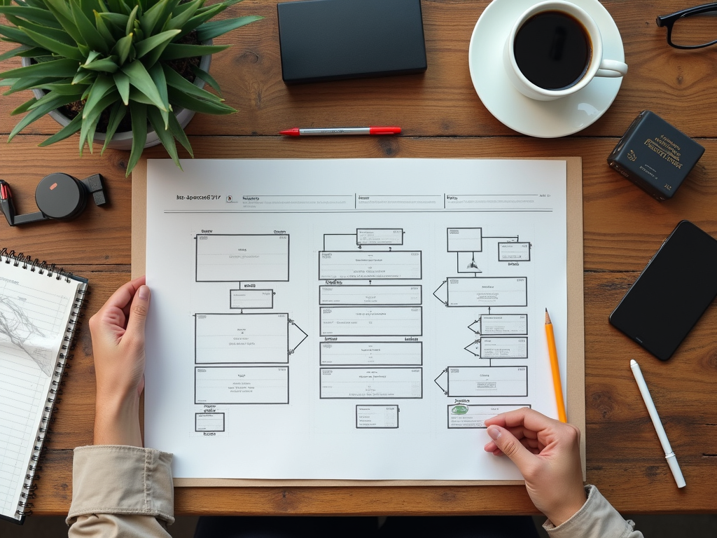 Overhead-shot-of-workspace-desk-with-tools-and-workflow-diagrams-on-wooden-surface
