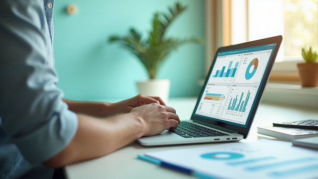 Eye-level view of a project manager working on a laptop with project charts